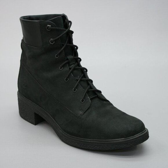 Timberland Ladies 11 Brinda Black Nubuck Lace-up Block Heels Combat Boots A1JXI - Picture 1 of 12